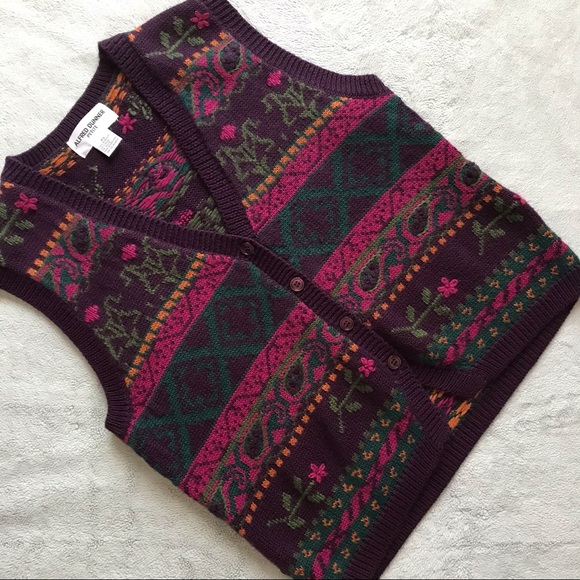 Vintage Jackets & Blazers - VTG 90s Alfred Dunner Petite Floral Intarsia Knit Sweater Vest Wool Grannycore